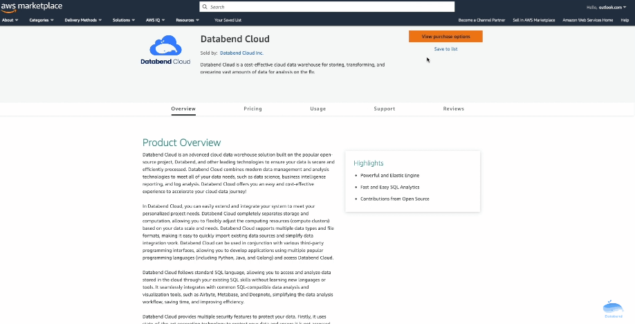 Subscribe Databend Cloud from AWS Marketplace